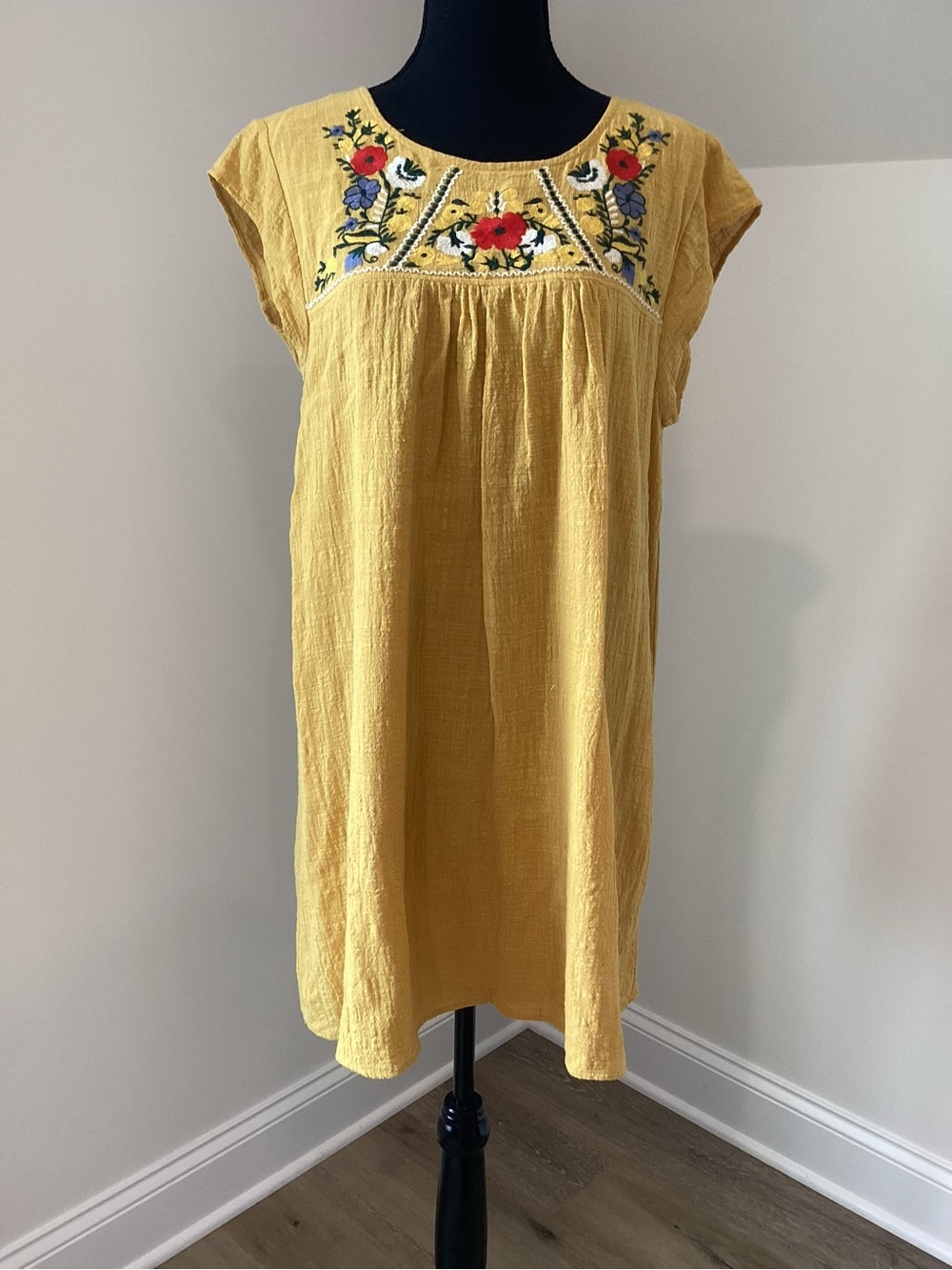 JODIFL Yellow Midi Dress with Red & Blue Embroidered Floral Yoke